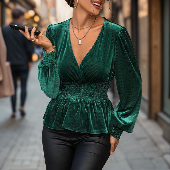 Damen elegante V-Pullover mit gerafftem Taillendesign und langen Ärmeln Drune