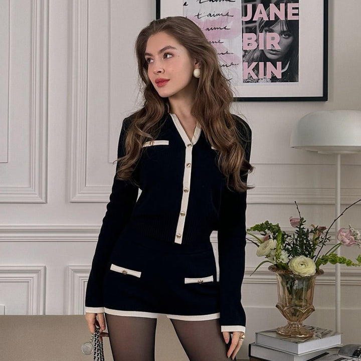 Damen Strickpullover-Set mit elegantem V-Ausschnitt und Knopfdetails Drune