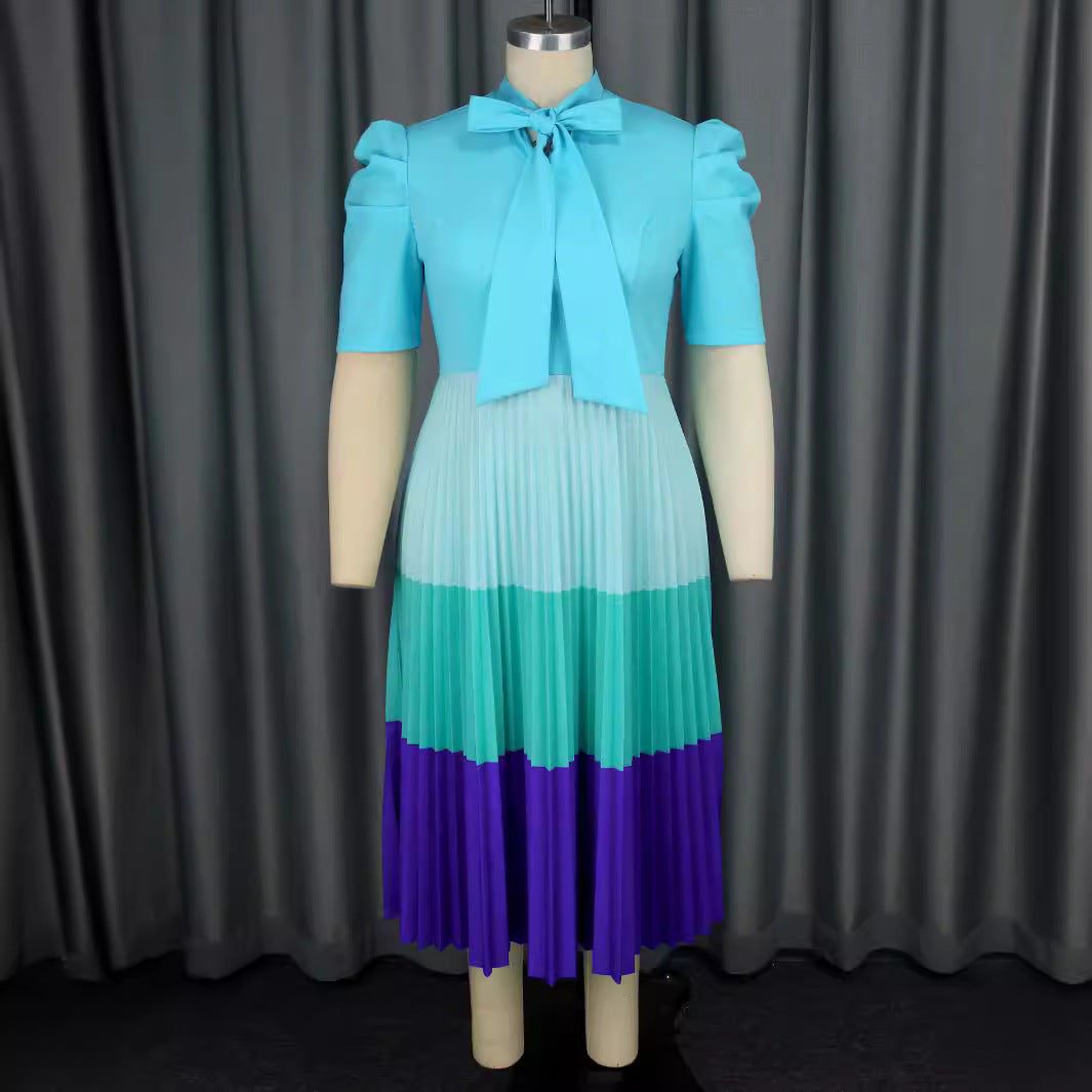 Damen Elegantes Plisseekleid mit Schleifenkragen Drune
