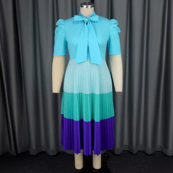 Damen Elegantes Plisseekleid mit Schleifenkragen Drune