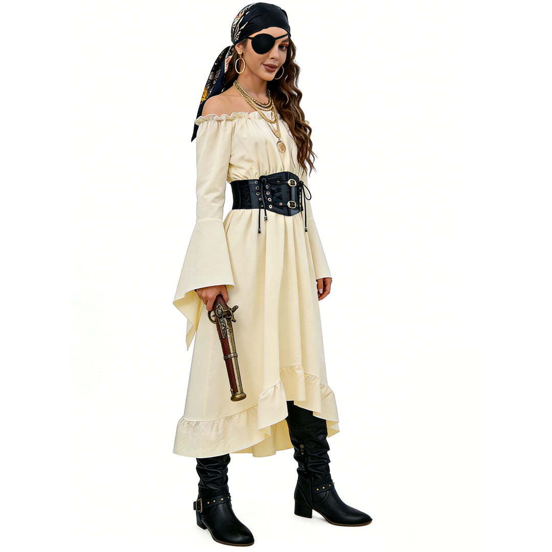 Damen nan schulterfreies Maxikleid mit Volantstufen und weiten Trompetenärmeln Drune