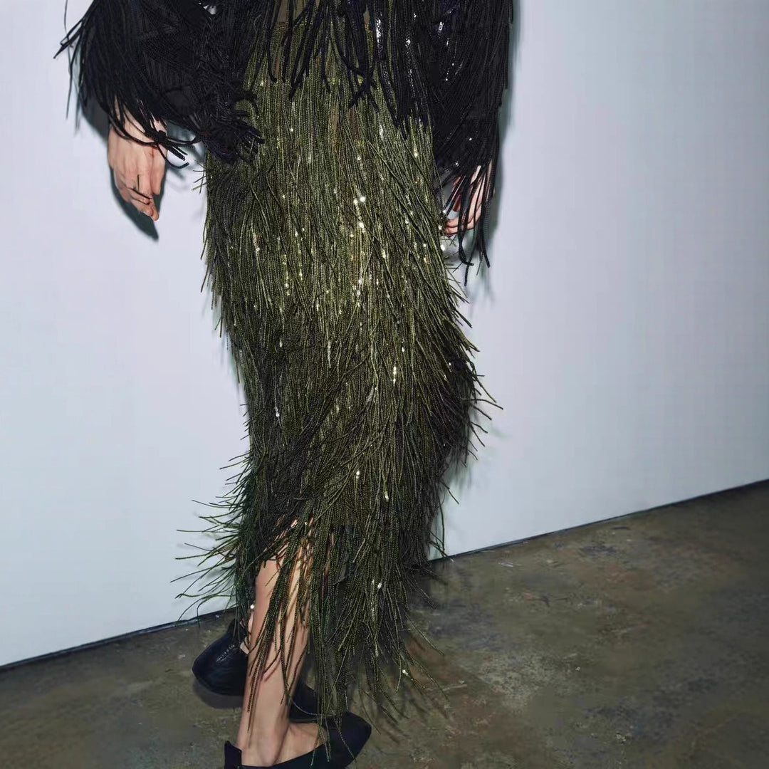 Damen Fransenrock aus schimmerndem Material mit eleganten Details Drune