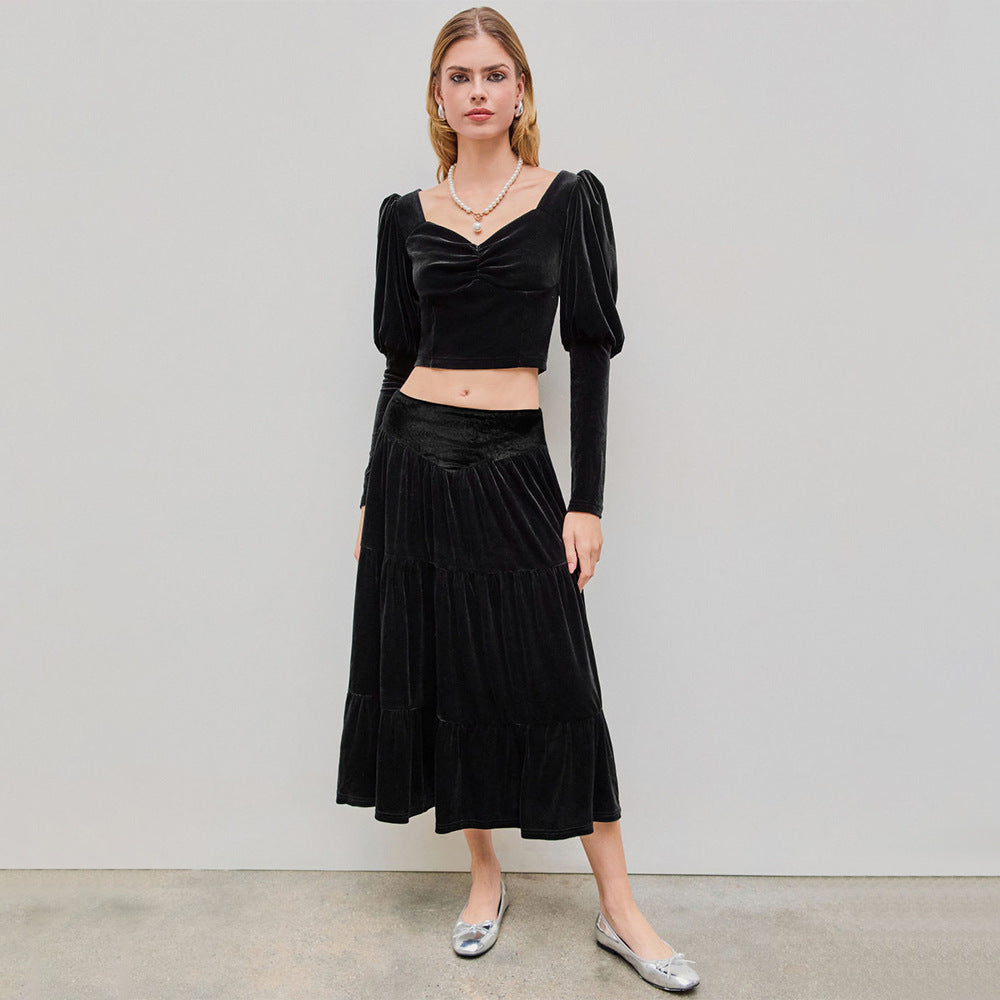 Damen elegantes Set aus Rüschenshirt und schwingendem Maxi-Rock Drune