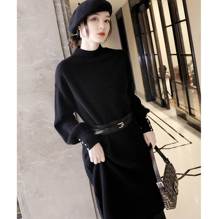 Damen Strickkleid mit elegantem Stehkragen und modischen Knopfdetails Drune