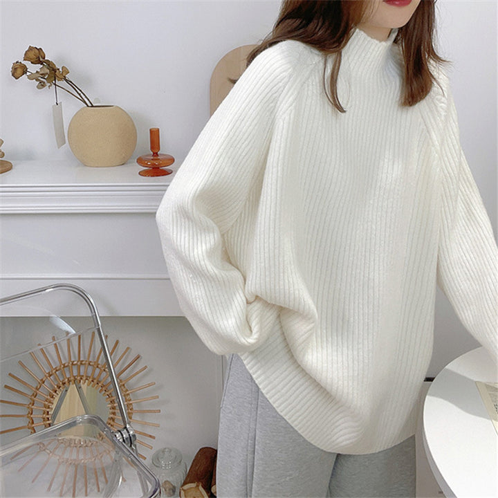 Damen lässiger Grobstrickpullover mit hochgeschlossenem Kragen und asymmetrischem Saum Drune