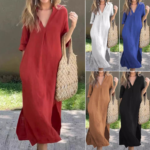 Damen Langes Leinenkleid mit V-Ausschnitt und seitlichen Schlitzen Drune