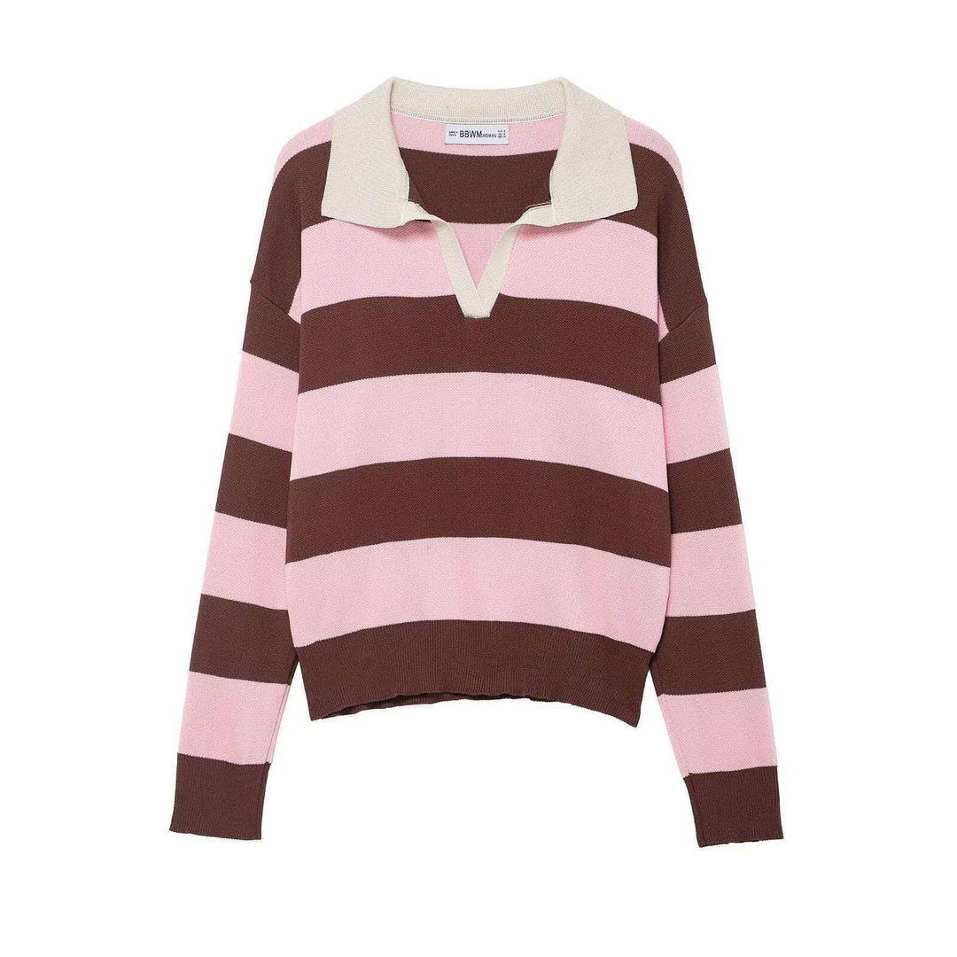 Damen nan gestreifter Rugby-Strickpullover mit Polokragen und weiter Oversize-Passform Drune