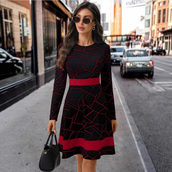 Damen A-Linien Kleid mit geometrischem Muster und tailliertem Schnitt Drune