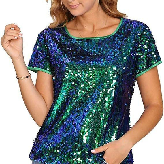 Damen Glitzernde Kurzarmbluse mit funkelndem Paillettenbesatz und lässigem Schnitt Drune