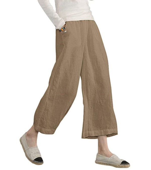 Damen weite Leinenhose mit elastischem Bund und praktischen Seitentaschen Drune