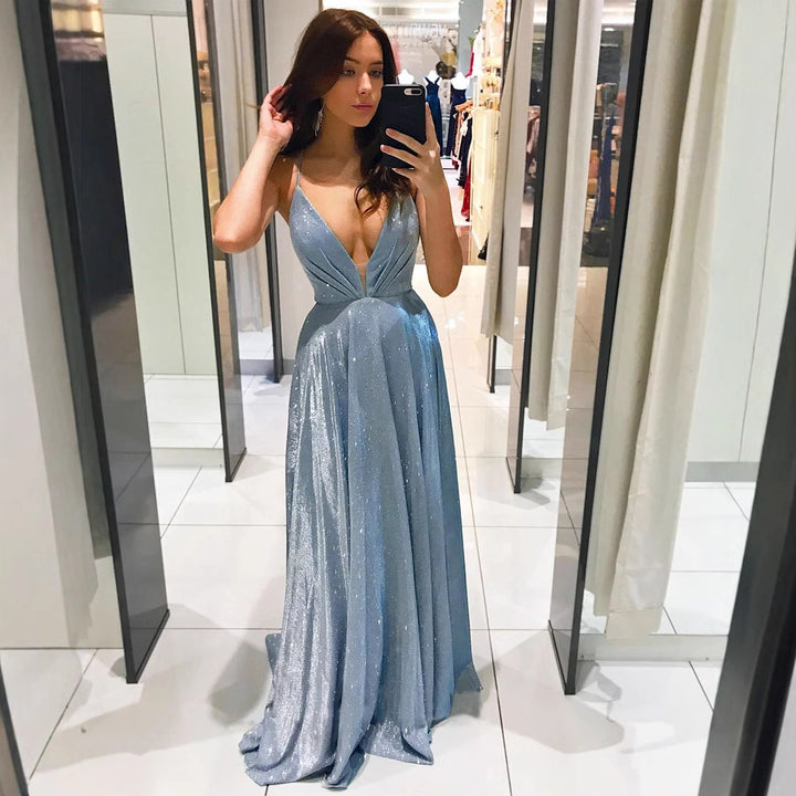 Damen Glamouröses Abendkleid mit tiefem V-Ausschnitt und fließendem Rock Drune