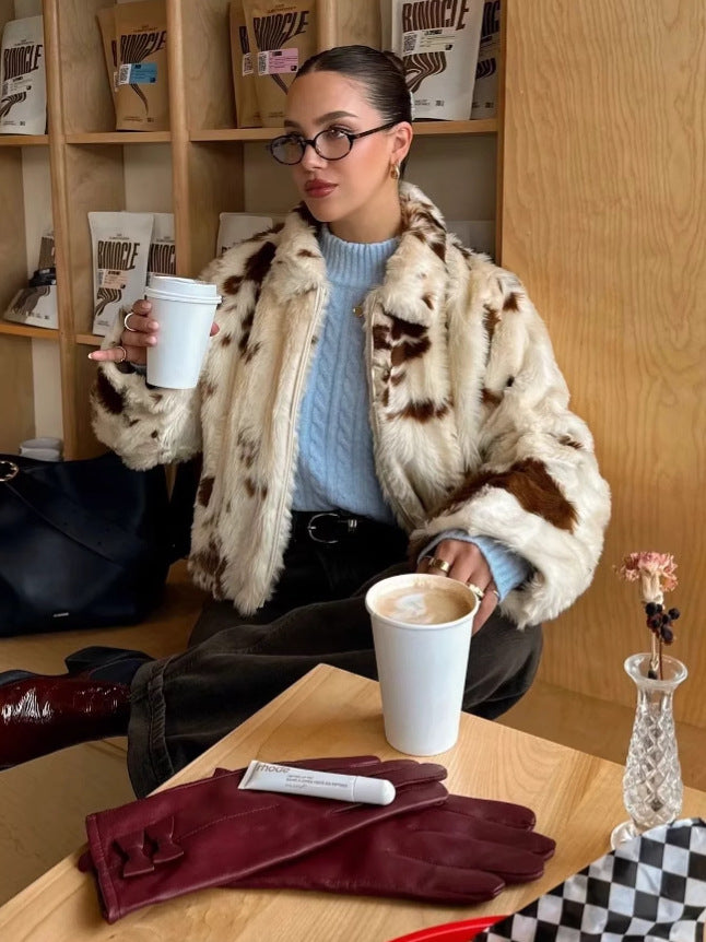 Damen modische Kurzjacke aus Kunstpelz mit einzigartigem Tiermotiv Drune
