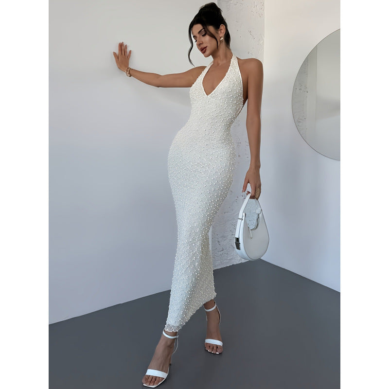 Damen Elegantes Abendkleid mit Hochzeitsperlen und tiefem V-Ausschnitt Drune