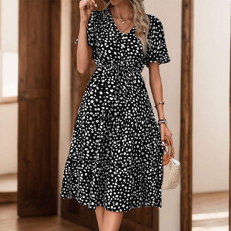 Damen Midi-Kleid mit Puffärmeln und modischem Punktmuster Drune