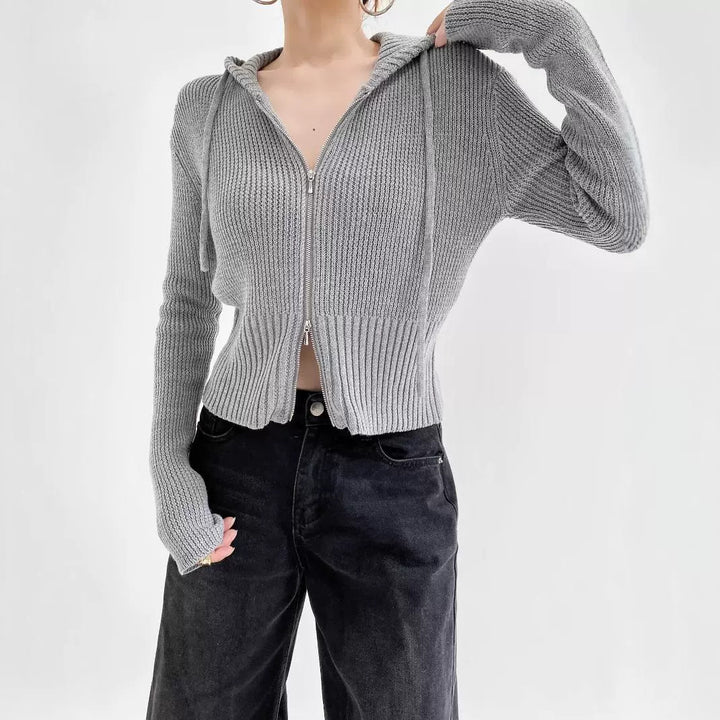 Damen lässiger Strickzipper mit Kapuze Drune