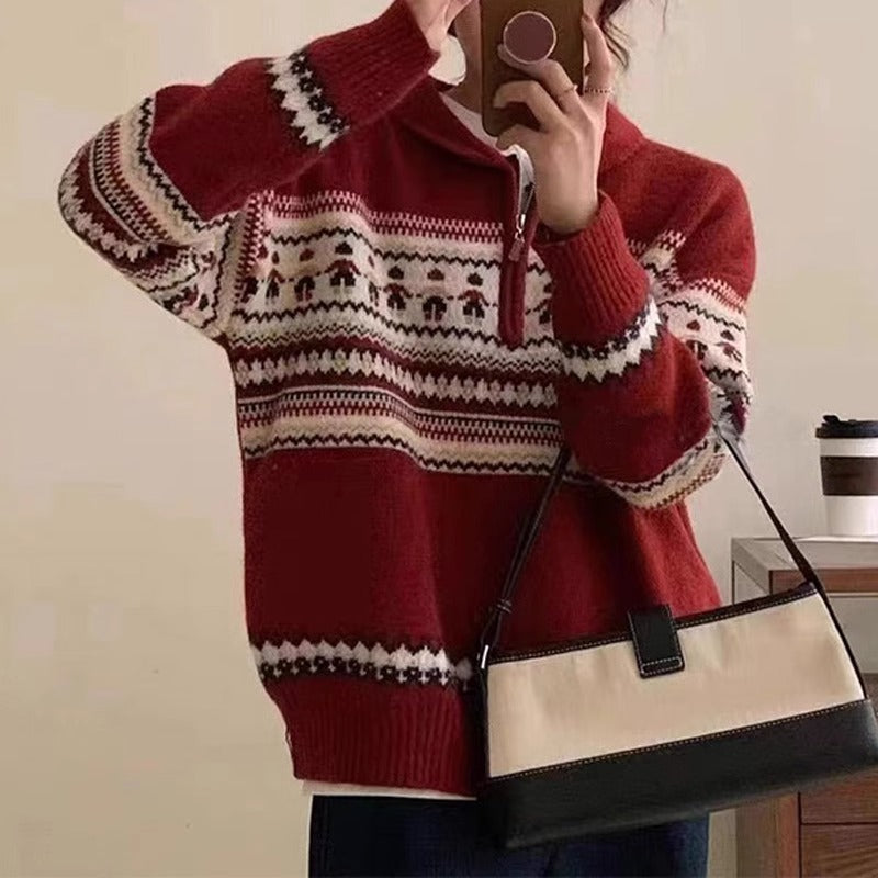 Damen Grobstrickpullover mit Kängurutasche und Stehkragen Drune