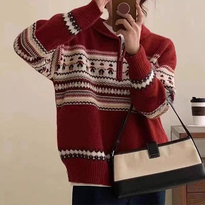 Damen Grobstrickpullover mit Kängurutasche und Stehkragen Drune