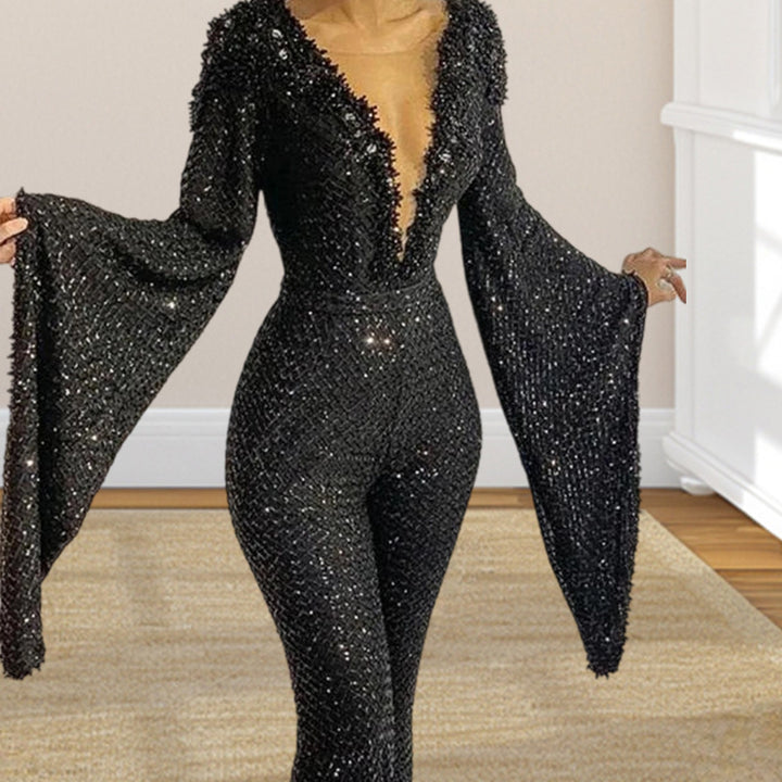 Damen Glamouröses Jumpsuit mit schimmernden Pailletten und weiten Ärmeln Drune