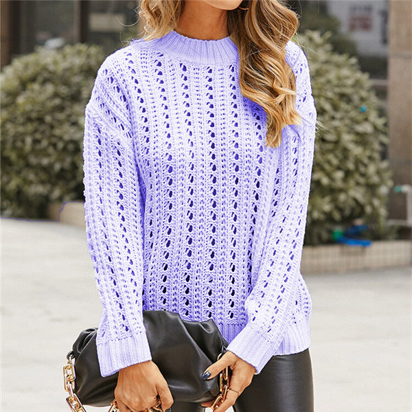 Damen luftiger Strickpullover mit Lochmuster und modernem Stehkragen Drune