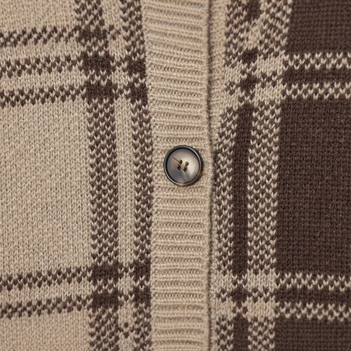 Damen modischer Karoknit-Pullover mit Knopfleiste und Rundhalsausschnitt Drune