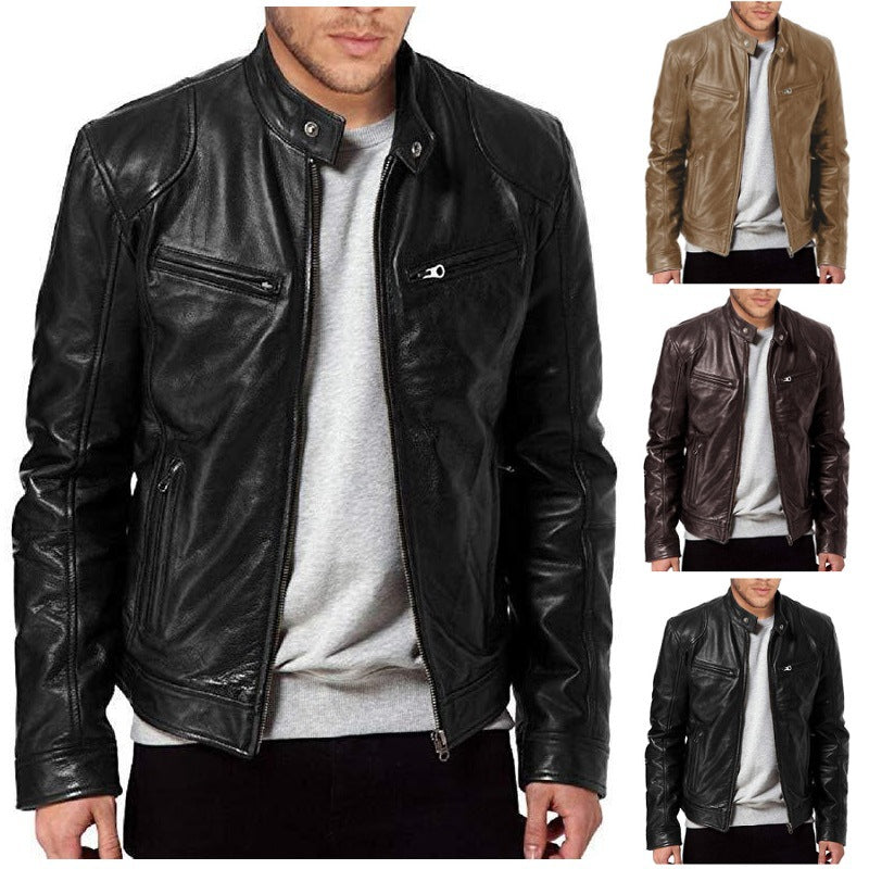 Herren nan vintage-inspirierte Lederjacke im Bikerstil mit Stehkragen und sichtbaren Reißverschlüssen Drune