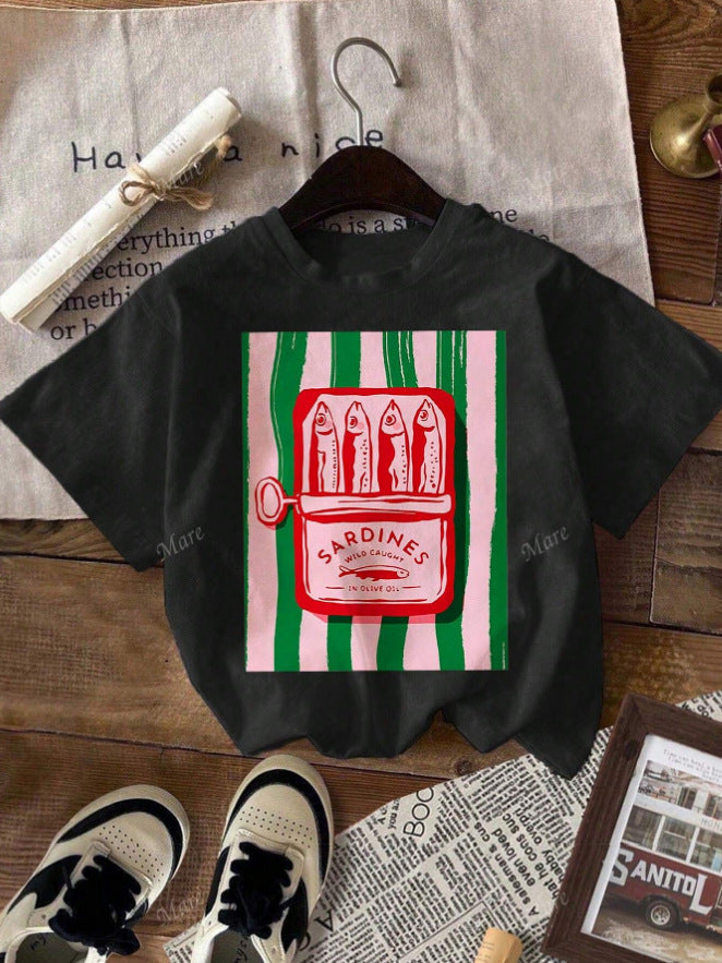 Damen Künstlicher Sardinen Druck T-Shirt Drune