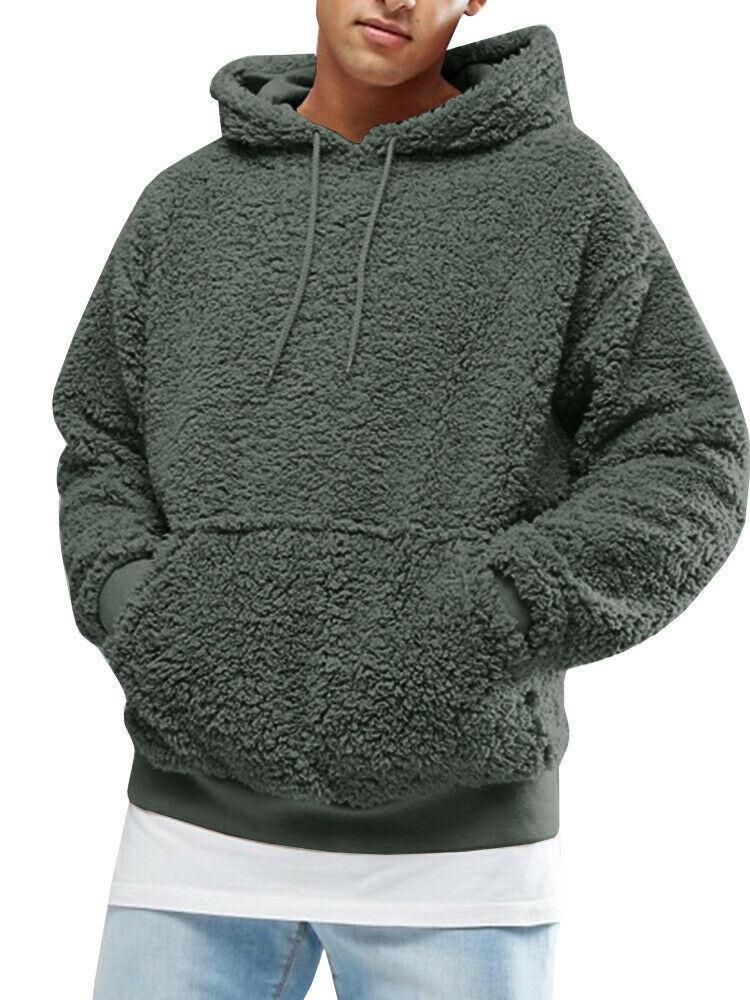 Herren Lässiger Teddy-Fleece Hoodie mit praktischen Kängurutaschen und verstellbarem Kordelzug Drune