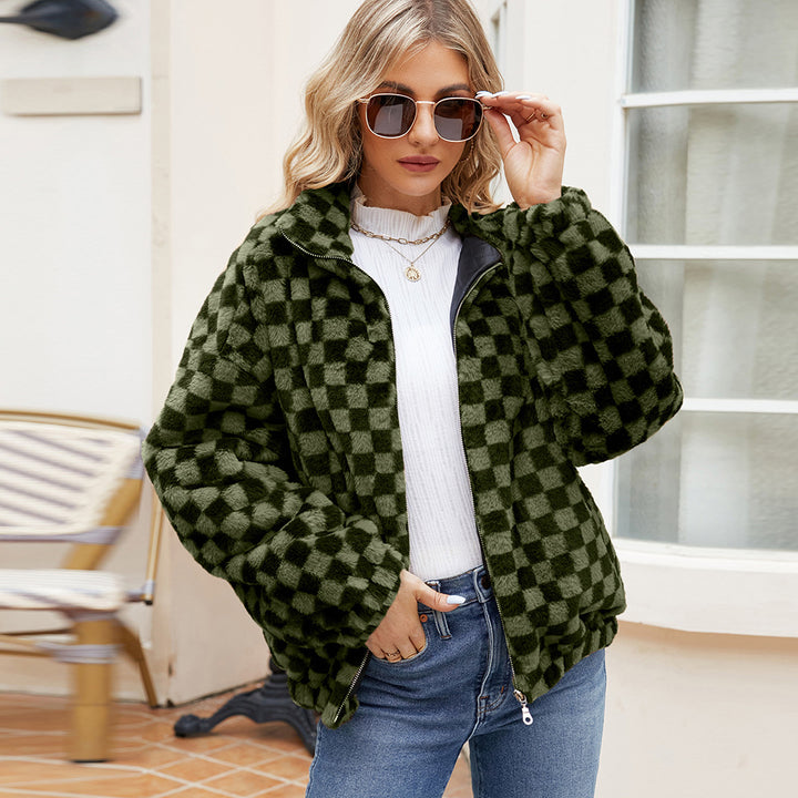 Damen Plüschjacke mit Karomuster und hohem Kragen Drune