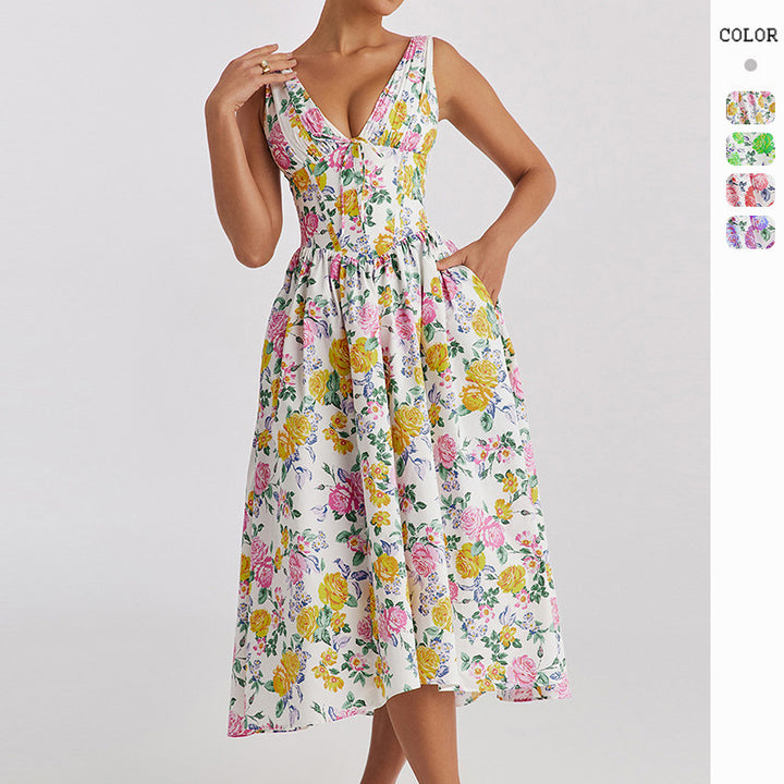 Damen Midikleid mit floralen Akzenten und tailliertem Oberteil Drune
