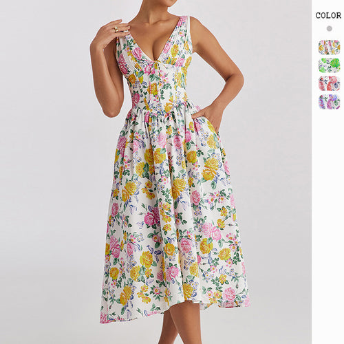 Damen Midikleid mit floralen Akzenten und tailliertem Oberteil Drune