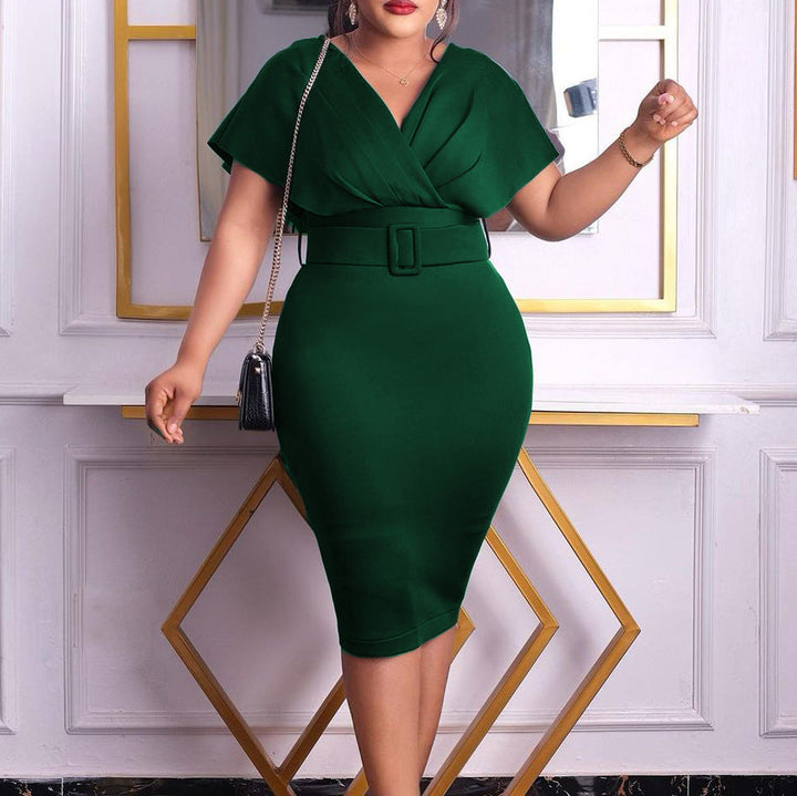 Drune | Damen V-Ausschnitt Figurbetontes Midi Kleid mit Gürtel