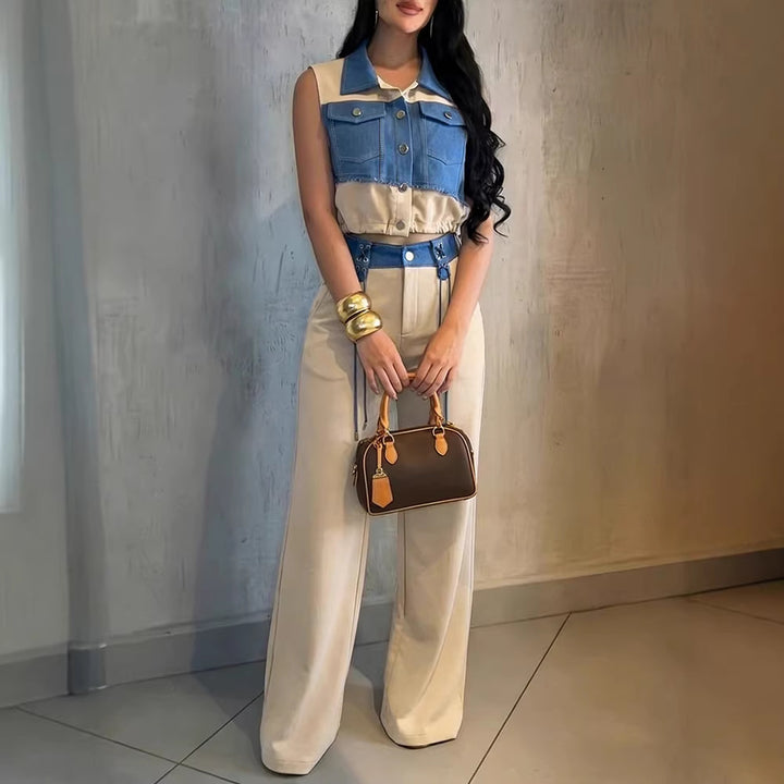 Damen Modischer Overall mit Denim-Design und Stylish-Bund Drune