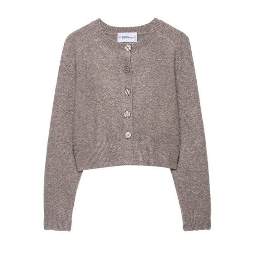Damen cropped Strickjacke mit elegantem Rundhalsausschnitt und Knopfverschluss Drune
