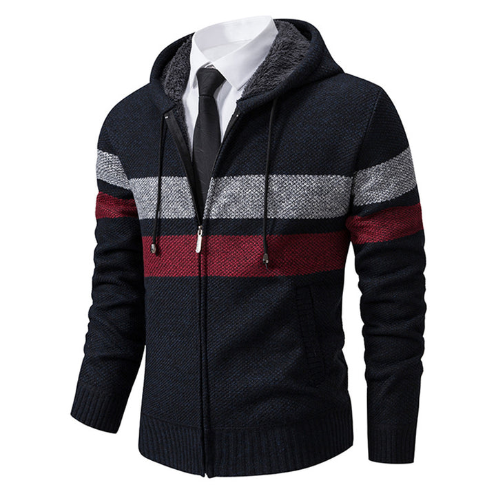 Herren nan gefütterte Kapuzen-Strickjacke mit Teddyfutter, durchgehendem Reißverschluss und kontrastierenden Streifen Drune