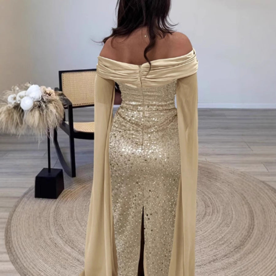 Damen Glitzerndes Abendkleid mit schulterfreiem Design und eleganten langen Ärmeln Drune