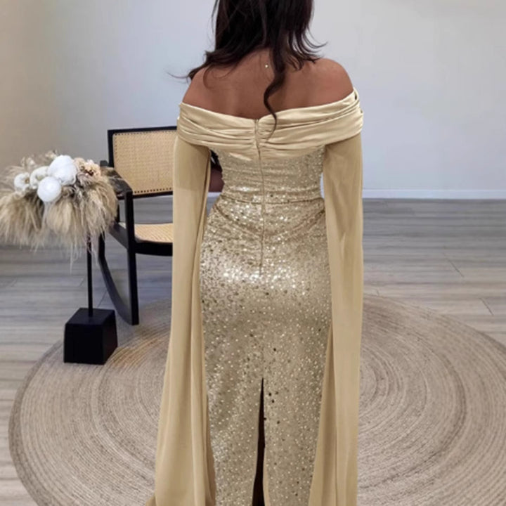 Damen Glitzerndes Abendkleid mit schulterfreiem Design und eleganten langen Ärmeln Drune