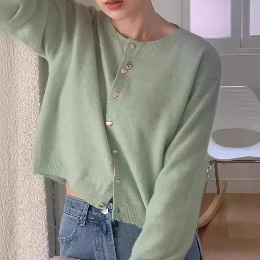 Damen Elegante Strickjacke mit Herzknöpfen und feiner Rippstruktur Drune