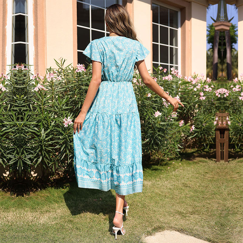 Damen sommerliches Maxikleid mit floralem Schnitt und Rüschendetails Drune