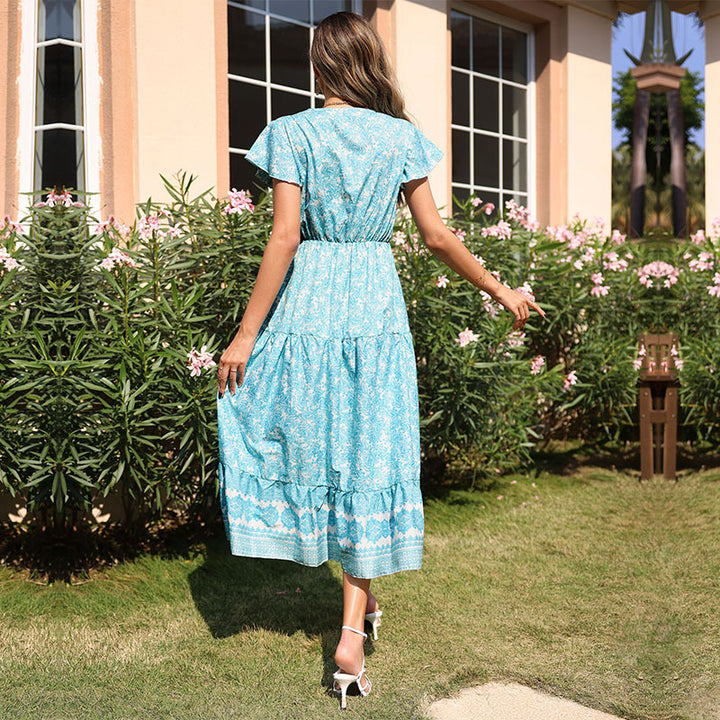 Damen sommerliches Maxikleid mit floralem Schnitt und Rüschendetails Drune