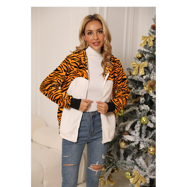 Damen Plüschjacke im Tigerdesign mit hohem Kragen und seitlichen Eingrifftaschen Drune