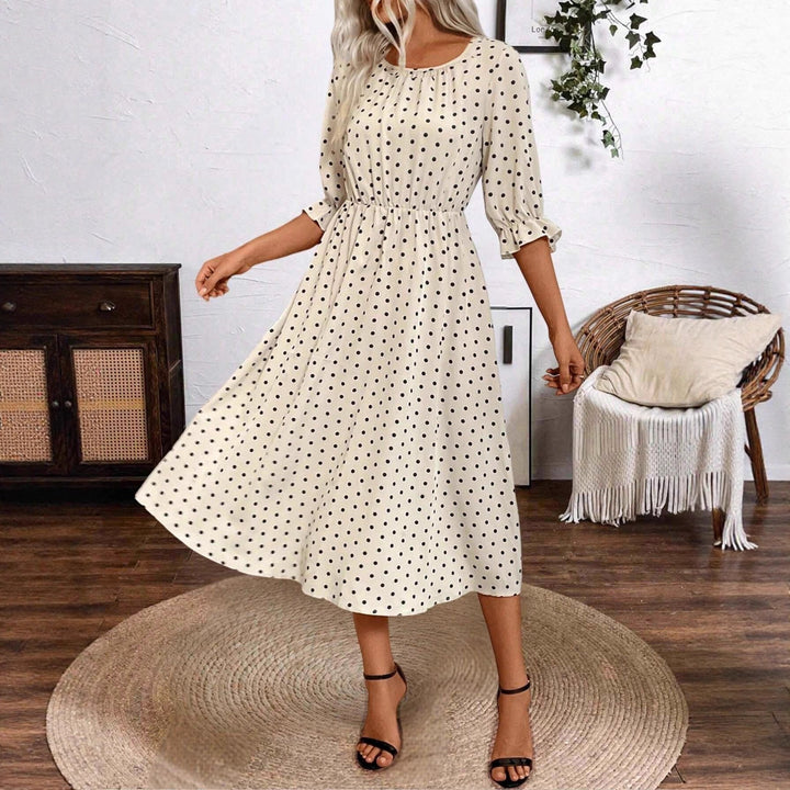 Damen Midikleid mit dekorativen Puffärmeln und elastischem Taillenbund Drune