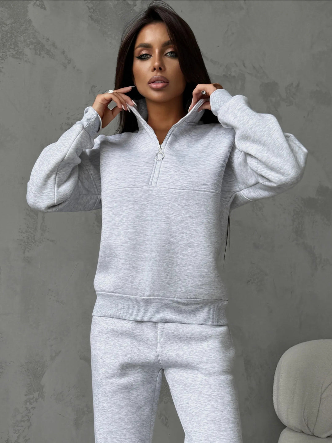 Damen modernes Freizeit-Loungewear-Set mit halbem Reißverschluss und elastischen Bündchen Drune