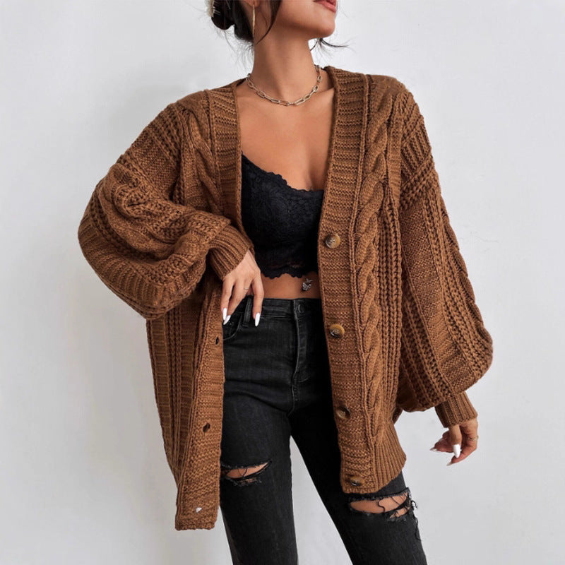 Damen Grobstrick Cardigan mit weiten Ärmeln und Knopfdetails Drune