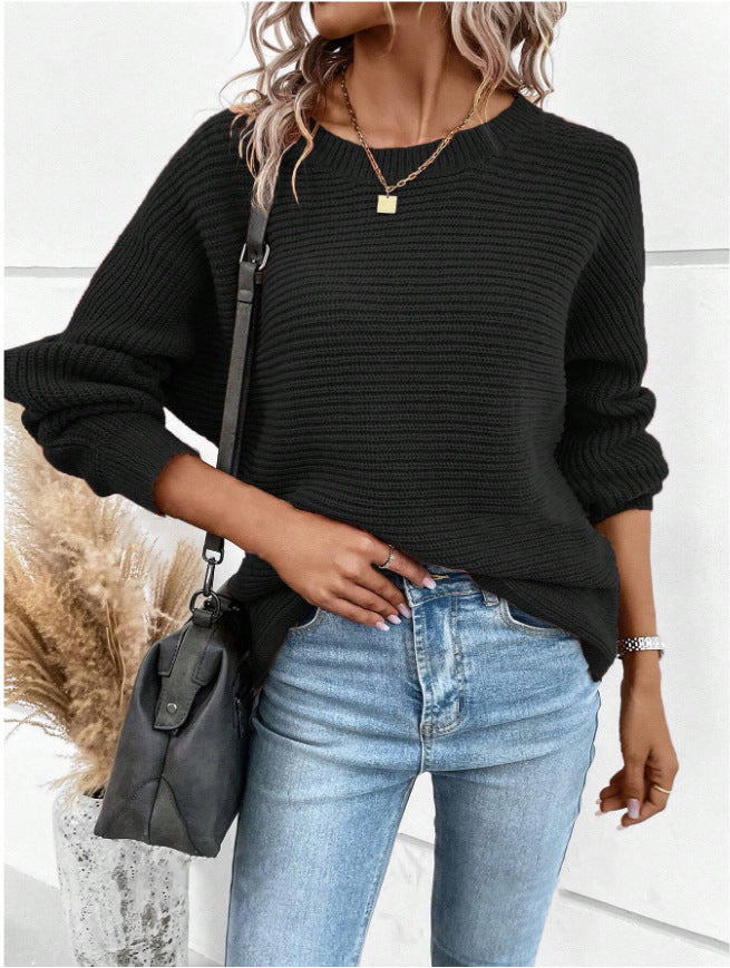 Damen lässiger Strickpullover mit kontrastierenden Texturen und V-Ausschnitt Drune