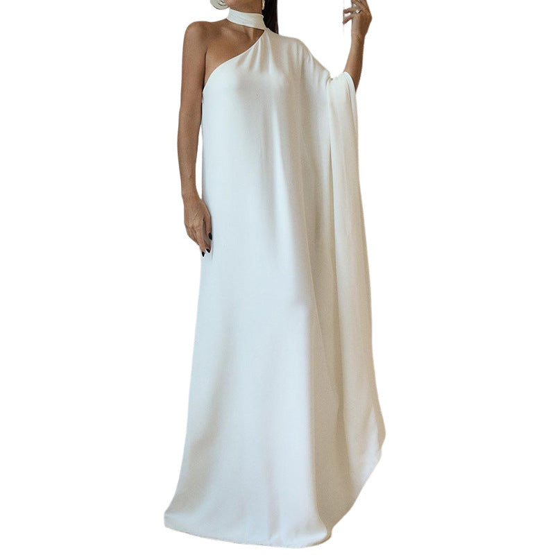 Damen elegantes One-Shoulder Abendkleid mit fließendem Stoff und schickem Kragen Drune