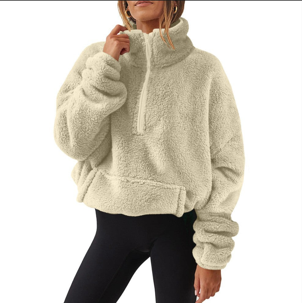 Damen nan Oversize-Halbzip Teddy-Fleecepullover mit Kängurutasche und hohem Stehkragen Drune