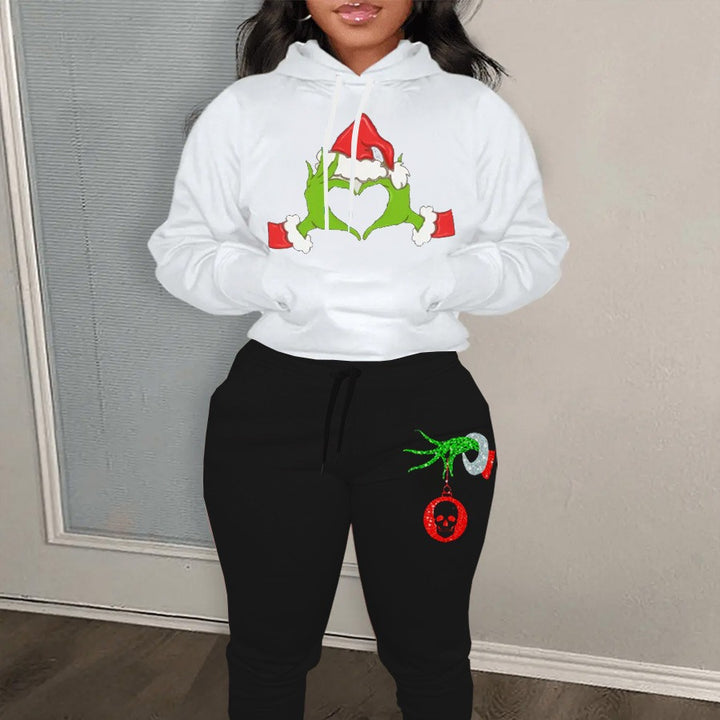 Damen Hoodie und Jogginghose Set mit kreativem Weihnachtsmotiv und bequemen Schnitt Drune