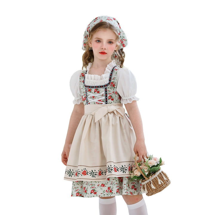 Damen nan traditionelles Dirndlkleid für Mädchen mit bestickter Schürze, Rüschenkragen und passendem Kopftuch Drune