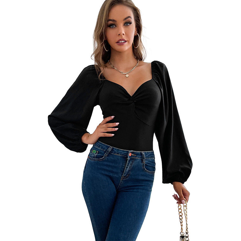 Damen Body mit eleganten Puffärmeln und raffiniertem Knopfdetail Drune