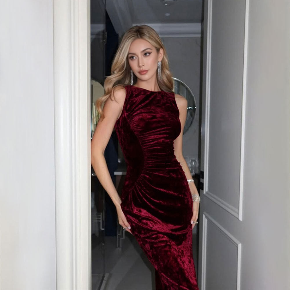 Damen Samt Abendkleid mit figurbetontem Schnitt und raffinierten Drapierungsdetails Drune